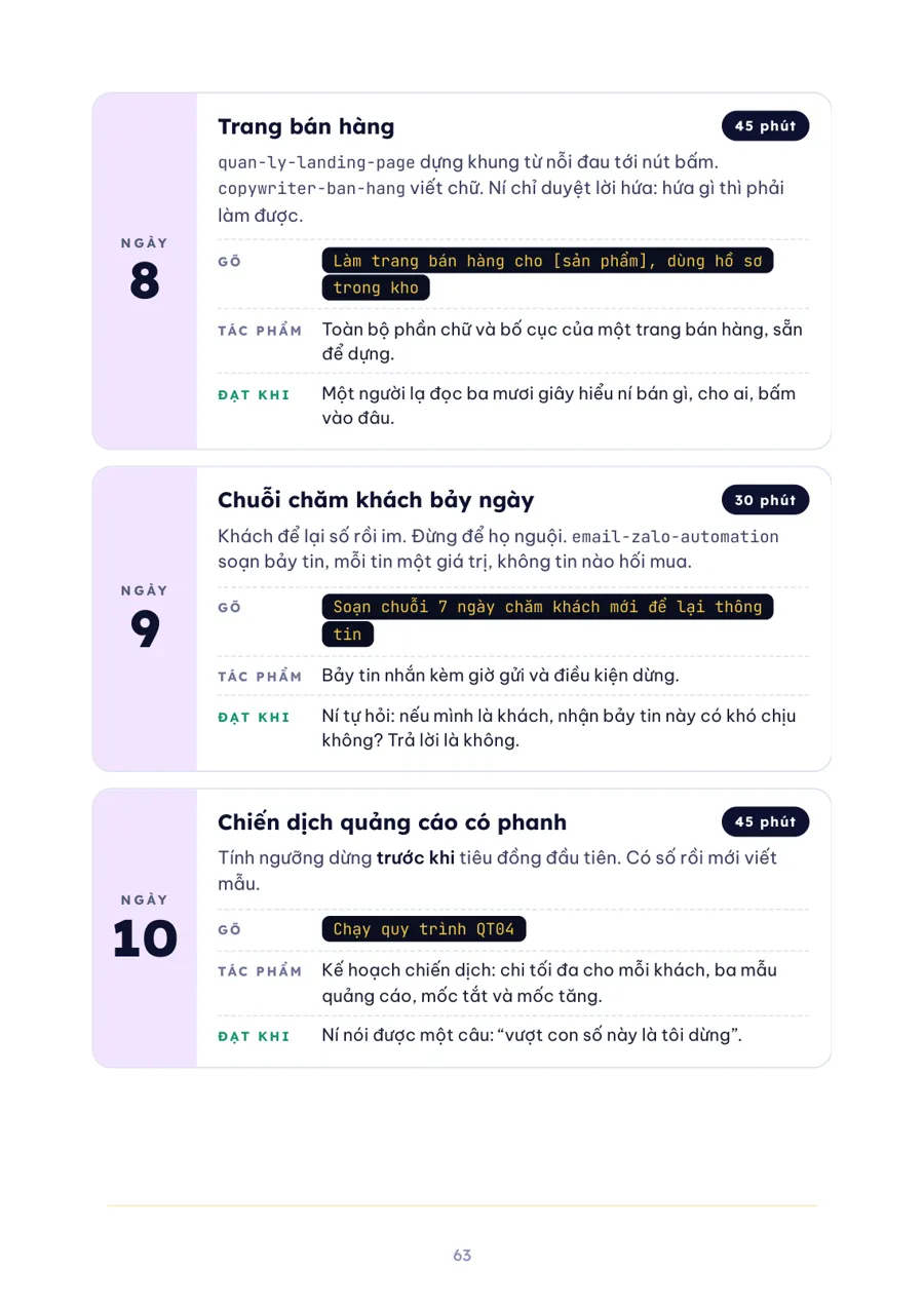 Trang sách ngày 8 đến ngày 10: mỗi thẻ ngày có câu gõ, tác phẩm nhận về và dấu hiệu đạt